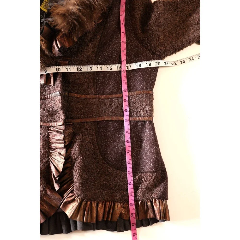 NWT Dolce Cabo Y2K Style Brown Ruffle Wool Jacket Raccoon Fur Fairy Grunge XL